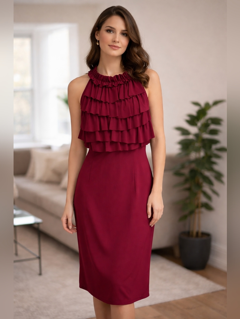 Sleeveless Red Ruffle Neck Dress - David Dixon - Size L